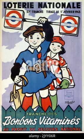 Französisches Plakat zur 'Nationalen Lotterie' 1945. Hervorhebung einer Kampagne zur Finanzierung von Vitaminpräparaten nach der Zerstörung des Zweiten Weltkriegs und der Besetzung Frankreichs. Stockfoto