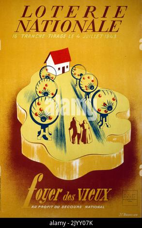 Französisches 'National Lottery'-Poster 1945. Hervorhebung einer Kampagne zur Finanzierung der Altersversorgung nach den Verwüstungen des Zweiten Weltkriegs und der Besetzung Frankreichs. Stockfoto