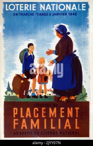 Französisches Plakat zur „Nationalen Lotterie“ 1945. Hervorhebung einer Kampagne zur Förderung der Betreuung vertriebener Kinder nach den Verwüstungen des Zweiten Weltkriegs und der Besetzung Frankreichs. Stockfoto