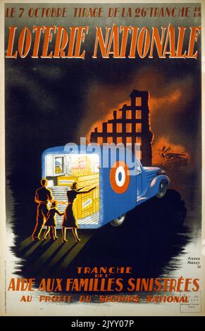 Französisches 'National Lottery'-Poster 1945. Hervorhebung einer Kampagne zur Finanzierung öffentlicher Parks für obdachlose Familien nach der Zerstörung des Zweiten Weltkriegs und der Besetzung Frankreichs. Stockfoto