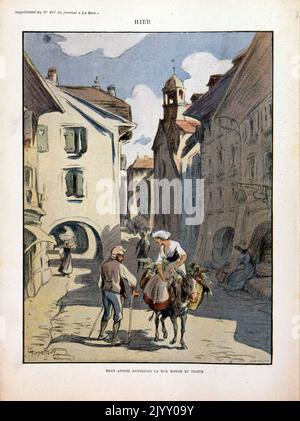 Karikatur Illustration zeigt eine Frau auf einem Esel, die in einer traditionellen französischen Straße aus dem 19.. Jahrhundert mit einem Mann spricht. „Le Rire“-Magazin 1902 Stockfoto