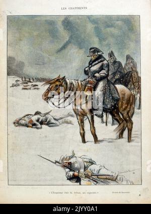 Karikatur Illustration des Kaiser Napoleon I., besiegt im russischen Feldzug. „Le Rire“-Magazin 1902 Stockfoto