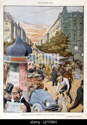 Karikatur Illustration mit Darstellung von Geschwindigkeit, Staus und Verkehr. 1902 in Paris. „Le Rire“-Magazin 1902 Stockfoto