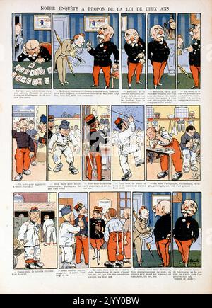 Karikatur Illustration zeigt verschiedene Aspekte des Wehrpflichtdienstes in Frankreich. „Le Rire“-Magazin 1902. Stockfoto
