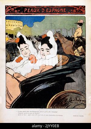 Karikatur Illustration zeigt Frauen, die in Paris in einem Auto fahren. „Le Rire“-Magazin 1902. Stockfoto