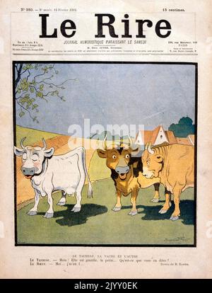 Karikatur Illustration mit drei französischen Bullen auf einem Feld. „Le Rire“-Magazin 1902. Stockfoto