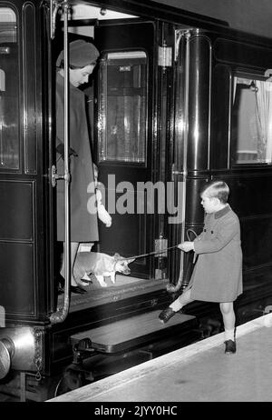 Foto der Akte vom 27/1/1966 von Prinz Andrew, der einen widerstrebenden königlichen Corgi dazu ermutigte, den Zug am Bahnhof Liverpool Street in London zu verlassen, als Königin Elizabeth II. Und Mitglieder der königlichen Familie aus Sandringham zurückkehrten. Während ihrer Herrschaft besaß die Königin mehr als 30 Corgis, von denen viele direkte Nachkommen von Susan waren, die ihr 1944 als Geschenk zum 18.. Geburtstag von ihren Eltern geschenkt wurde und so geliebt wurde, dass sie Prinzessin Elizabeth auf ihren Flitterwochen begleitete. Ausgabedatum: Donnerstag, 8. September 2022. Stockfoto