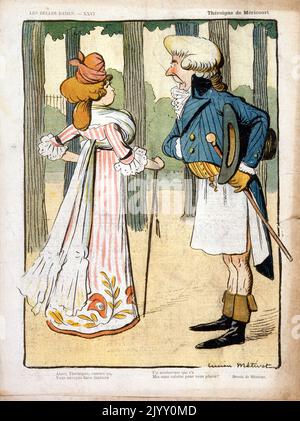 Karikatur Illustration eines französischen Paares aus dem 18. Jahrhundert im Gespräch in einem Park. „Le Rire“-Magazin 1902. Stockfoto