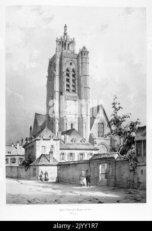 Zeichnung der katholischen Kirche Saint-Laurent in Nogent-sur-seine, Frankreich. Die Kirche befindet sich im französischen Departement Aube, in der Gemeinde Nogent-sur-seine. Es war eine Pfarrei, die dem Dekanat von Pont-sur-seine angehörte, als einzige Bischofssollegierung und am 3. September 1802 als zweitrangige Kur aufgezogen wurde. Es wurde in mehreren Etappen im fünfzehnten und sechzehnten Jahrhundert auf einem rechteckigen Plan gebaut und hat eine fünfseitige Apsis. Das Schiff mit fünf Spannweiten wurde 1500 begonnen. Stockfoto