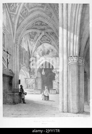 Zeichnung der Eglise de Pont-sur-seine, von Isidore Justin Severin Taylor, Baron Taylor 1789-1879, Künstler und Philanthropin. Von 'Voyages Pittoresques' 1857. Die Kirche Saint-Martin in Pont-sur-seine ist eine romanische Kirche, deren Nordturm und Querschiff aus dem 12. Jahrhundert stammen Stockfoto