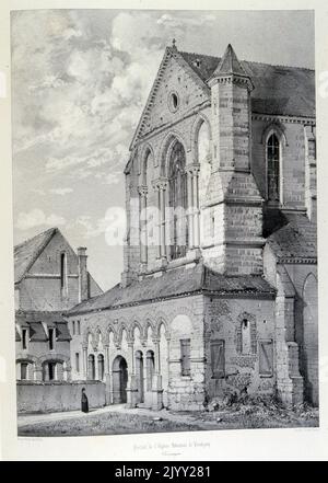 Die Abtei von Pontigny; die Kathedrale-Abtei von Mariä Himmelfahrt in Pontigny (Kathedrale-abbatiale de Notre-Dame-de-l'Assomption a Pontigny), ein Zisterzienserkloster in Pontigny am Fluss Serein, in der heutigen Diözese Sens und im Departement Yonne, Burgund, Frankreich. Gegründet im Jahr 1114. Zeichnung von Isidore Justin Severin Taylor, Baron Taylor 1789-1879, Künstler und Philanthropin. Stockfoto