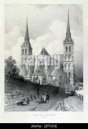 Zeichnung der Kathedrale von Chalons, von Isidore Justin Severin Taylor, Baron Taylor 1789-1879, Künstler und Philanthropin. Von 'Voyages Pittoresques' 1857. Kathedrale Saint-Etienne de Chalons) ist eine römisch-katholische Kirche in Chalons-en-Champagne, Frankreich, früher bekannt als Chalons-sur-Marne. Die Kathedrale ist Sitz des Bischofs von Chalons und wurde am 1147. Oktober 26 von Papst Eugen III. Geweiht Stockfoto