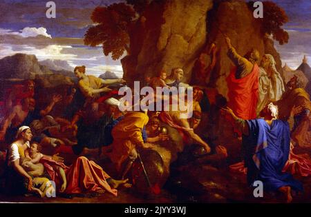 Moses auf den Felsen schlagen; 1649. Von Nicolas Poussin, Öl auf Leinwand. Nicolas Poussin (1594 - 1665), der führende Maler des klassischen französischen Barockstils. Er malte dieses Werk für seinen Freund Jacques Stell. Stockfoto