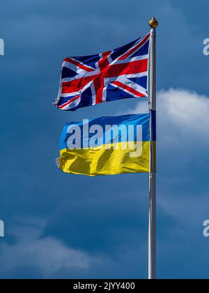 Britische und ukrainische Flaggen fliegen zusammen, um Solidarität zu zeigen. Britische und ukrainische Flaggen. Britische und ukrainische Flagge. Stockfoto