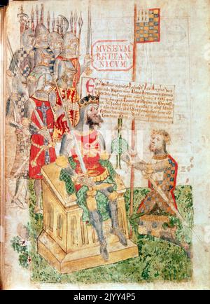 William der Eroberer, der im Ehrenregister von Richmond die Richmond Shire an Alan Rufus, Graf von Bretagne, übergab. Illustrierte Handschrift mit Tinte und Pigmenten auf Pergament. Vom 1480. In der Schlacht von Hastings im Jahr 1066 wurde Wilhelm der Eroberer von Alan Rufus, Graf von Bretagne, unterstützt und belohnte ihn anschließend mit umfangreichen Ländereien im Norden Englands, die zu Ehren Richmond gebildet wurden. Stockfoto