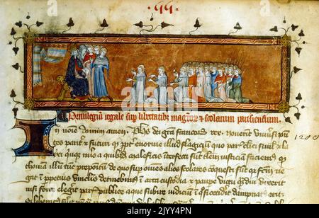 Französische Handschrift aus dem 15.. Jahrhundert Illustration mit Theobald I., der an Blanche von kastilien appellierte. Theobald I. (Thibaut de Navarre und Thibaut de Champagne). (1201 - 1253), auch Troubadour und posthum genannt, war ab 1234 Graf von Champagne und König von Navarra. Er initiierte den Kreuzzug der Barone, war berühmt als Trouvere und war der erste Franzose, der Navarra regierte. Zu Beginn der Regentschaft von Blanche von Kastilien gab er eine Verschwörung gegen den französischen König auf und zementierte eine starke Beziehung zum Regenten. Starke Gerüchte begannen sich zu verbreiten, dass Theobald IV eine Affäre w hatte Stockfoto