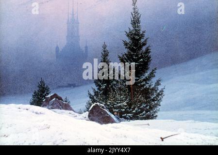 Winterlandschaft', wahrscheinlich 1811 von Caspar David Friedrich, 1774-1840. Öl auf Leinwand. Deutscher romantischer Landschaftsmaler aus dem 19.. Jahrhundert Stockfoto