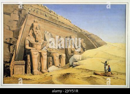 Louis Maurice Adolphe Linant de Bellefonds Expedition zum Ramses II Tempel in Abu Simbel, Ägypten. 1819. Louis Maurice Adolphe Linant de Bellefonds, besser bekannt als Linant Pasha (1799 - 1883), war ein Entdecker Ägyptens und, als leitender Ingenieur der öffentlichen Werke Ägyptens, 1831-1869, leitender Ingenieur des Suezkanals. Stockfoto