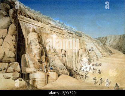 Louis Maurice Adolphe Linant de Bellefonds Expedition zum Ramses II Tempel in Abu Simbel, Ägypten. 1819. Louis Maurice Adolphe Linant de Bellefonds, besser bekannt als Linant Pasha (1799 - 1883), war ein Entdecker Ägyptens und, als leitender Ingenieur der öffentlichen Werke Ägyptens, 1831-1869, leitender Ingenieur des Suezkanals. Stockfoto