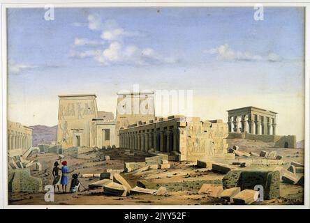 Philae-Tempel von Louis Maurice Adolphe Linant de Bellefonds besser bekannt als Linant Pasha (Lorient, Frankreich, 23. November 1799 - Kairo, 9. Juli 1883) war ein Entdecker Ägyptens und, als leitender Ingenieur der öffentlichen Werke Ägyptens, 1831-1869, leitender Ingenieur des Suezkanals. Stockfoto