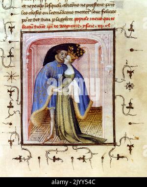 Illuminierte Illustration von Hector, aus dem Brief von Othea an Hector; (der Bauch der Knighthode), von Christine de Pizan (1364-1430). Pizan war die erste französische Dichterin, die ihren Lebensunterhalt mit der Feder bestreiten konnte, und die erste weibliche Interpretin klassischer Mythen; sie hatte am französischen Hof enorme Macht und beeinflusste die spätmittelalterliche Kultur in Frankreich und England in vielerlei Hinsicht. Der Brief von Othea an Hector, ihr populärstes Werk, ist eine Serie von hundert Verstexten über eine mythologische Figur oder einen Moment, mit Prosamoralglossagen, die erklären, wie man den Mythos liest, um den Menschen zu verbessern Stockfoto