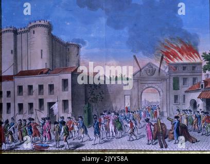 La Pry de la Bastille-Gemälde, das die Gefangennahme der Garnison zeigt, die das Bastille-Gefängnis während der Französischen Revolution im Jahr 1789 verwahrte. Am Morgen des 14. Juli versammelte sich eine große revolutionäre Menge vor dem königlichen Gefängnis namens Bastille, und am Nachmittag brachen Kämpfe zwischen der Menge und der königlichen Garnison aus. Stockfoto