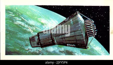 Aus einer Serie von Karten für Brooke Bond Tea; 1973; „The Race into Space“, illustriert von David Lawson; illustriertes Farbbild der Rakete Mercury (Eine Serie von 50 Karten, Nr. L 8, S. Stockfoto