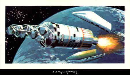 Aus einer Serie von Karten für Brooke Bond Tea; 1973; „The Race into Space“, illustriert von David Lawson; illustriertes Farbbild von Verteidigungssatelliten (Eine Serie von 50 Karten, Nr. L 29, S. Stockfoto