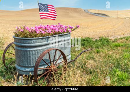 USA, Idaho, Moskau. Palouse. Amerikanische Flagge in Farm Trog mit rosa Blumen. Stockfoto