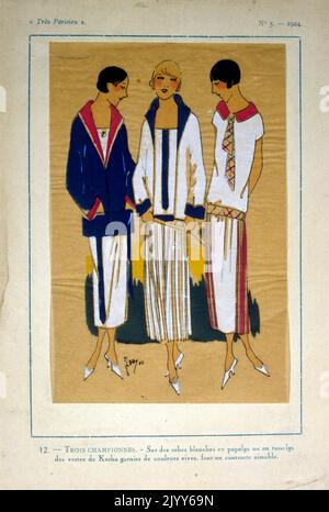 Farbige Illustration mit dem Titel „drei Pariser“, Nummer 12; „drei Champions“; drei Frauen in weißen und hellen Farben, die gut aufeinander abgestimmt sind. Stockfoto