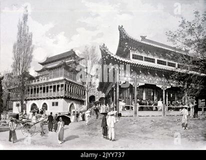 Ausstellung Universelle (Weltausstellung) Paris, 1900; Schwarz-Weiß-Fotografie des chinesischen Viertels. Stockfoto