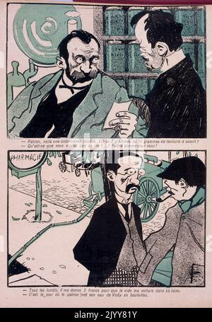 In der satirischen Zeitschrift L'Assiette au Beurre; farbige Illustration mit korrupten Apothekern, die Menschen bestechen, um Geld aus Wasser zu verdienen. Stockfoto
