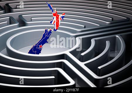 Neuseeland-Karte im Labyrinth, 3D Rendering Stockfoto