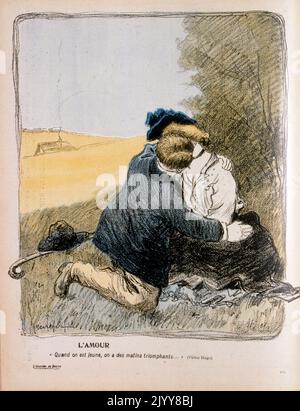 Satirische Illustration aus dem Magazin L'Assiette au Beurre. Farbzeichnung eines Mannes und einer Frau, die sich auf einem Feld küssen. "Liebe - wenn man jung ist, gibt es triumngende Morgen." Stockfoto