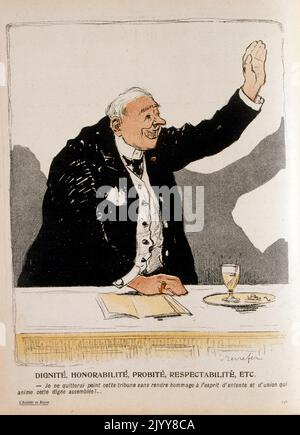 Satirische Illustration aus dem Magazin L'Assiette au Beurre. Farbzeichnung eines Mannes, der seine Hand hebt; Zeichnung mit dem Titel „würde, Ehre, Redlichkeit und Ehrbarkeit usw.“ Stockfoto