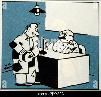 Satirische Illustration, die einen Mann zeigt, der sich über einen Schreibtisch lehnt und einen sitzenden Mann um etwas bittet. Illustriert von William Napoleon Grove (1901-1975), französischer Illustrator und Karikaturist. Stockfoto