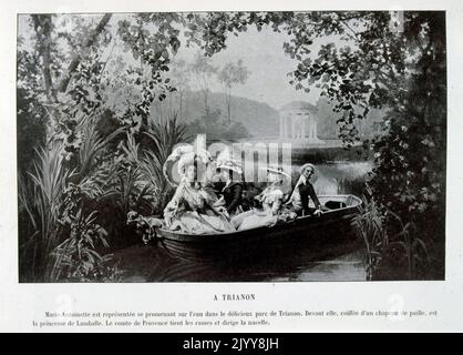 Illustration einer Szene aus einer Geschichte, die Marie Antoinette im Park von Trianon zeigt, die in einem Boot mit anderen jungen Leuten, darunter dem Grafen von Provence, sitzt. Stockfoto