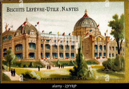 Farbige Illustration zur Ausstellung des Palastes der Schönen Künste aus dem Jahr 1889, produziert von der Keksfabrik Lefevre in Nantes. Stockfoto