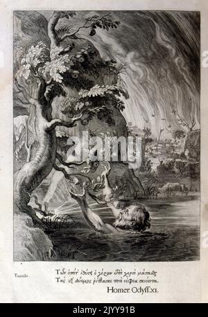 Schwarz-Weiß-Gravur Illustration aus einer Ausgabe von Homers Odyssee. Ein Mann ist im Wasser und greift nach Früchten, die auf einem Baum wachsen. Stockfoto