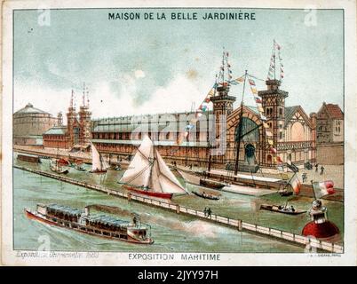 Ausstellung Universelle (Weltausstellung) Paris, 1889; eine farbige Illustration einer Ansicht von Booten auf der seine auf der Maritime Exhibition. Stockfoto