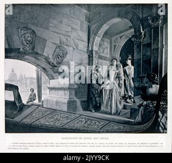 Exposition Universelle (Weltausstellung) Paris, 1900; die Exposition Universelle von 1900, besser bekannt als die Pariser Ausstellung 1900, war eine Weltausstellung, die vom 14. April bis zum 12. November 1900 in Paris, Frankreich, stattfand, um die Errungenschaften des vergangenen Jahrhunderts zu feiern und die Entwicklung in das nächste zu beschleunigen. Der Stil, der in der Ausstellung allgegenwärtig war, war Jugendstil. Die Messe, die von fast 50 Millionen Menschen besucht wurde, zeigte viele technologische Innovationen: Schwarz-weiße Gravuren einer lebenslangen Schaufensterpuppe, gekleidet in die Mode der Wiener Aristokratie des 16.. Jahrhunderts. Stockfoto