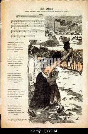 Bebilderte Musikpartitur und Texte mit dem Namen „Ira Mine“. Farbige Illustration einer Dame, die ihr Baby gegen die Truppen hochhält. Aus „in the Streets: Songs and Monologues“ von Aristide Bruant (1851-1925). Stockfoto