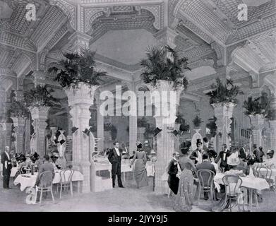 Exposition Universelle (Weltausstellung) Paris, 1900; die Exposition Universelle von 1900, besser bekannt als die Pariser Ausstellung 1900, war eine Weltausstellung, die vom 14. April bis zum 12. November 1900 in Paris, Frankreich, stattfand, um die Errungenschaften des vergangenen Jahrhunderts zu feiern und die Entwicklung in das nächste zu beschleunigen. Der Stil, der in der Ausstellung allgegenwärtig war, war Jugendstil. Die Messe, die von fast 50 Millionen Menschen besucht wurde, zeigte viele technologische Innovationen; schwarz-weiß Illustration der Menschen, die im Restaurant Champeaux im Palast der Kostüme speisen. Stockfoto