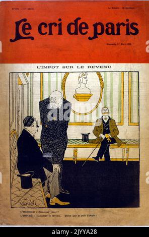 Papierpublikation mit dem Titel 'Le cri de Paris' vom 1. März 1908. Farbdarstellung Männer in einem Warteraum reden über Steuern. Stockfoto