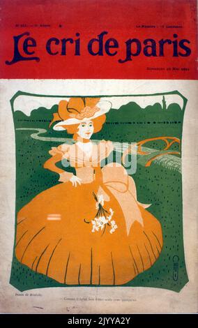 Papierpublikation mit dem Titel 'Le cri de Paris' vom 19. Mai 1901. Farbe Illustration einer Dame in einem Kleid mit Blumen auf dem Gras. Die Überschrift lautet: „Wie wäre es besser, allein zu sein als mit jemandem.“ Stockfoto