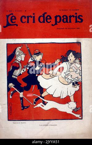 Papierpublikation mit dem Titel 'Le cri de Paris' vom 22. Dezember 1901. Farbige Illustration eines Kindes, das Soldaten und Zivilisten bespielt. Die Bildunterschrift lautet: „Die Kinder amüsieren sich“. Stockfoto