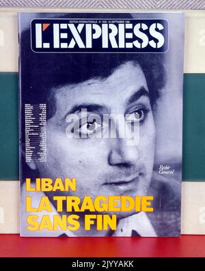 Schwarz-Weiß-Fotografie von Bedur Gemayel. Aus 'L'Express' mit der Überschrift 'Libanon - eine Tragödie ohne Ende', datiert vom 24. September 1982. Stockfoto