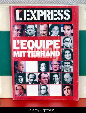 Fotos von Politikern. Aus „L'Express“ mit der Überschrift „Mitterrand's Team“, datiert vom 16-22. Mai 1981. Stockfoto