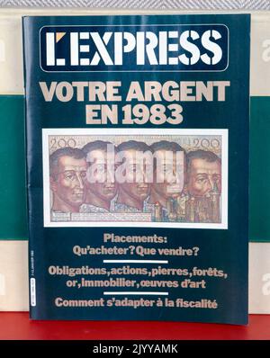 Farbige Abbildung der 200-Franken-Banknote. Von „L'Express“ mit der Überschrift „Ihr Geld im Jahr 1983“. Stockfoto