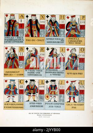 Farbige Darstellung von Spielkarten, mit Fragen und Antworten, aus der revolutionären Ära. Stockfoto